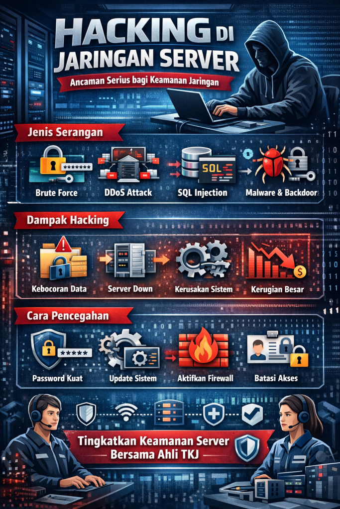 "Hacking di jaringan server dan ancaman keamanan jaringan komputer"