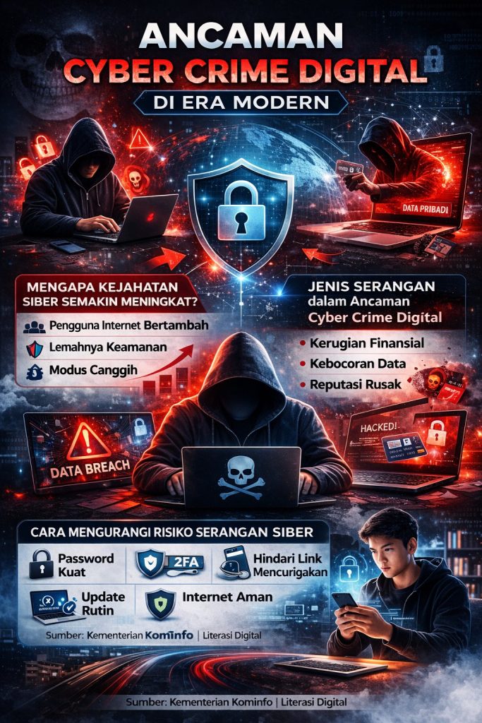 Ilustrasi jaringan komputer dengan server dan klien terhubung LAN dan WiFi.